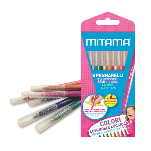 MITAMA - 62845 - Pennarelli glitter e pastello punta media 3 mm - presa  triangolare - colori assortiti conf. 16 pezzi - 8026624628453